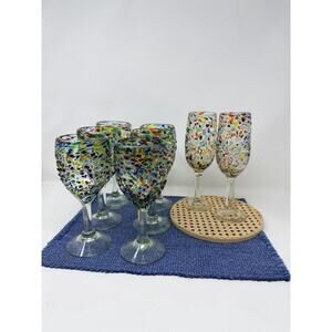 Hand Blown Colorful Textured Mexican Confetti Goblet/Flute Glass Fiesta Set 8